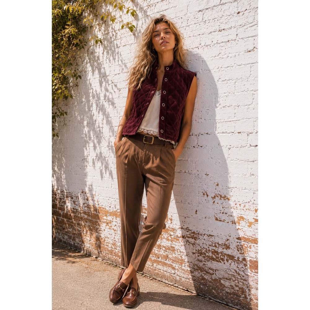 Liz Claiborne Quilted Velvet Vest Burgundy Snap Front Vintage New L
